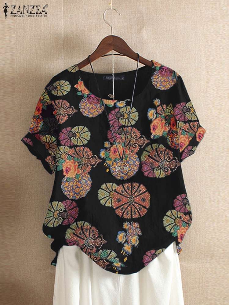 ZANZEA Bohemian Casual Elegant Loose Holiday Beach Shirt Women Summer Flower Printed Blouse O-Neck Short Sleeve Vintage Blusas alx