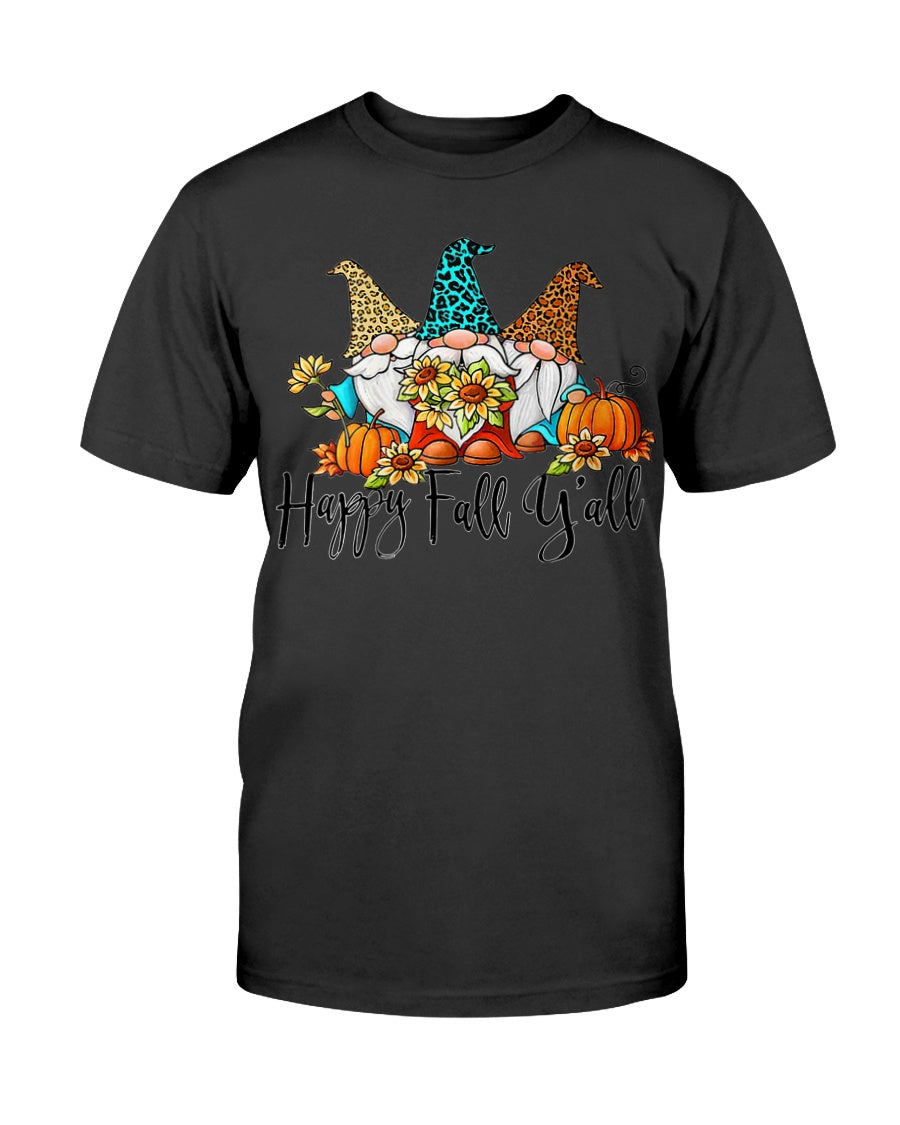 Womens Happy Fall Y’All Gnomes Leopard Pumpkin Autumn Thanksgiving Custom Graphic T-Shirt