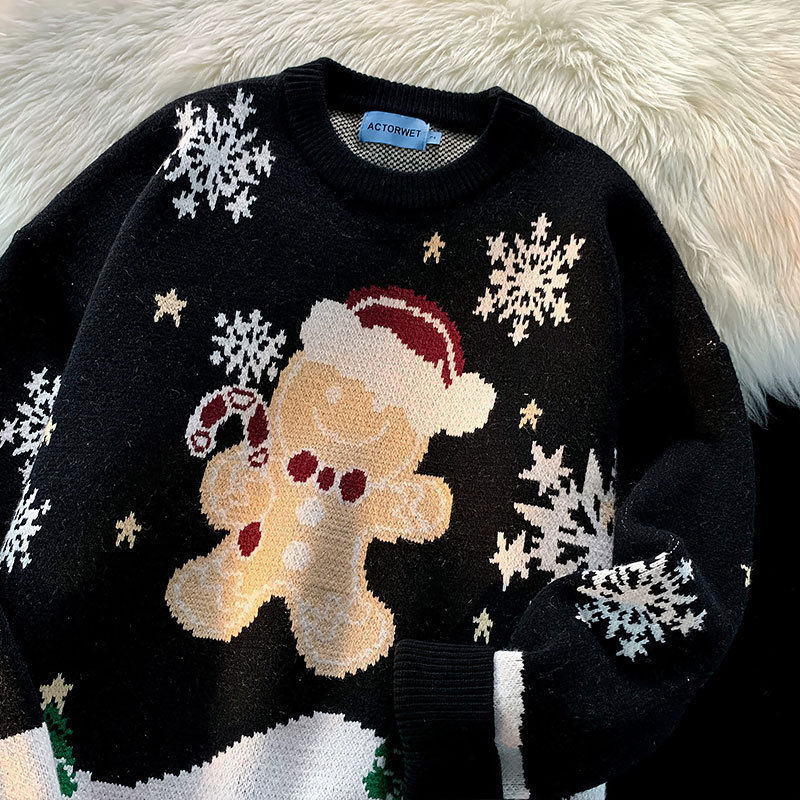 American Retro Christmas Bear Jacquard Oversized Sweater Unisex Couples Kawaii Knitted Tops Thicken Winter Clothes Korean Casual alx