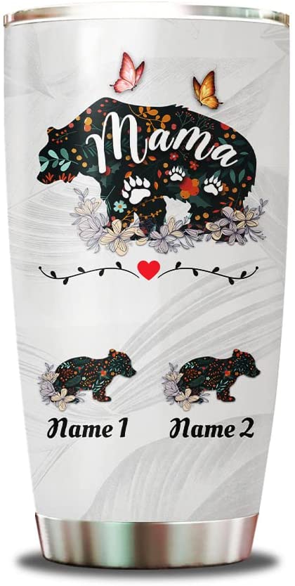 Personalized Mama Bear Tumbler Cup With Lid 20 30Oz Customized 2 Name Kids Double Walled Vacuum Insulated Stainless Steel Tumblers Mothers Birthday Christmas Gifts For Mommy Best Moms Mother