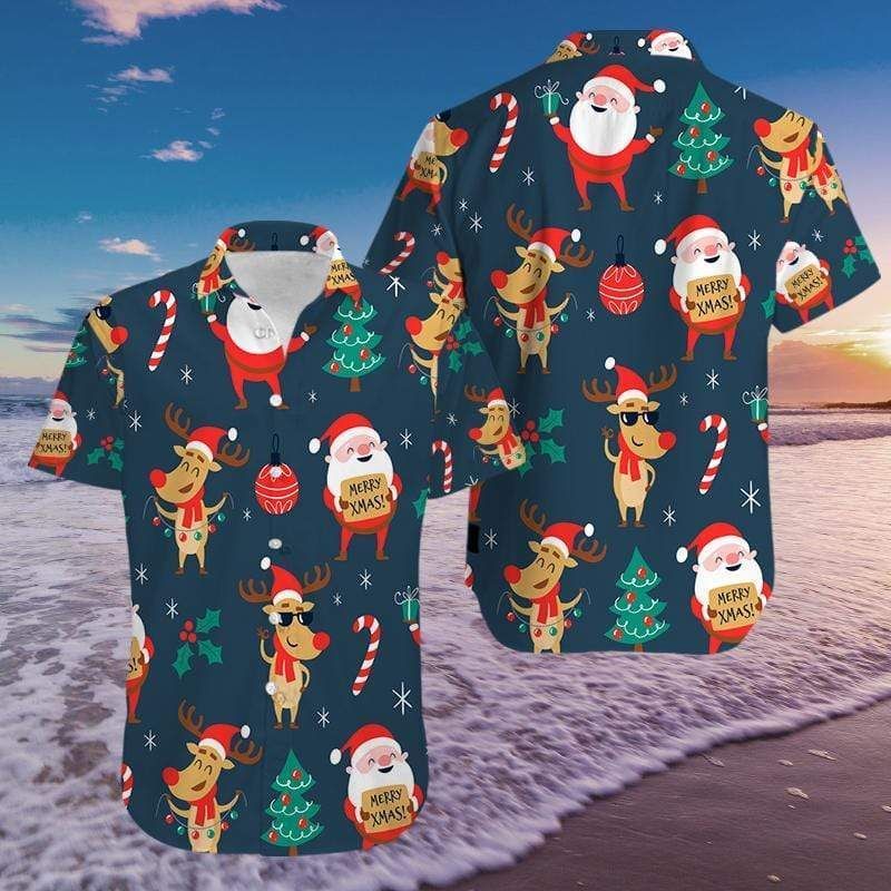 Shop Funny Santa And Reindeer Pattern Hawaii Aloha Shirts Ha6521