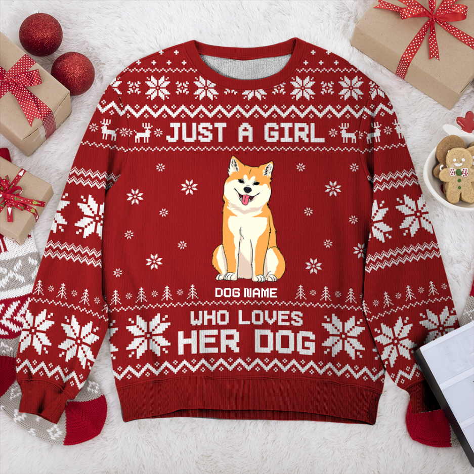 Akita Just A Girl Personalized Sweater, Dog Ugly Christmas Sweater