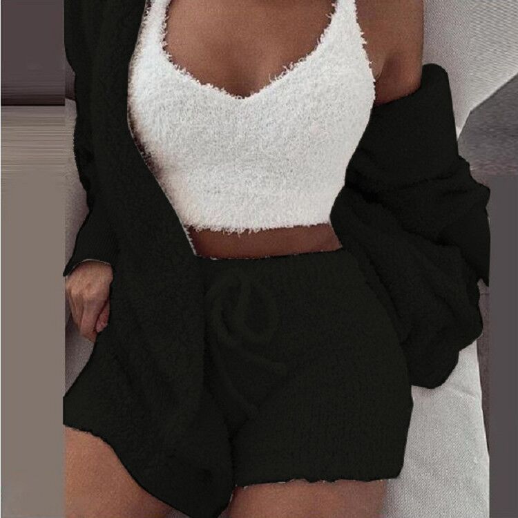 Women’s Flannel Velvet Pajamas Set Sexy Crop Top+Shorts+Coat 3 Pieces Suit Sleepwear 2022 New Casual Soft Homewear Pyjamas S-3XL alx