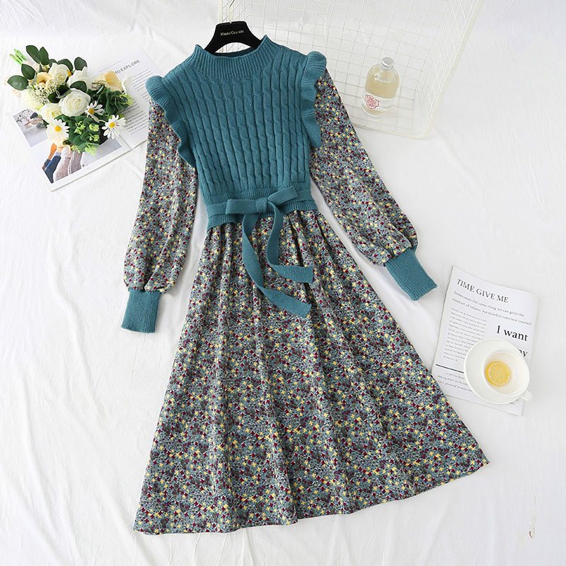 2021 New Fake Two-piece Knit Stitching Midi Dress Temperament Corduroy Bottoming Floral Print Dress Women’s Autumn And Winter alx