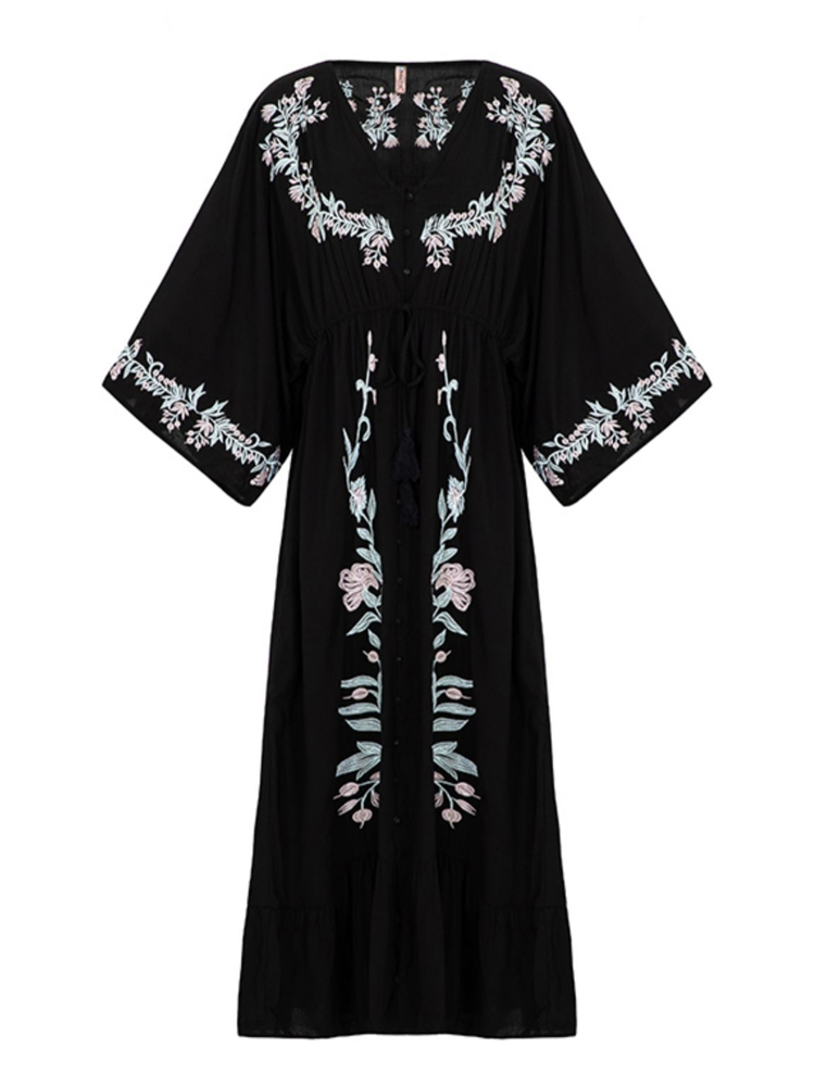 Summer new women’s Bohemian travel vacation beach long dress retro ethnic wind heavy embroidery button cardigan long dress alx