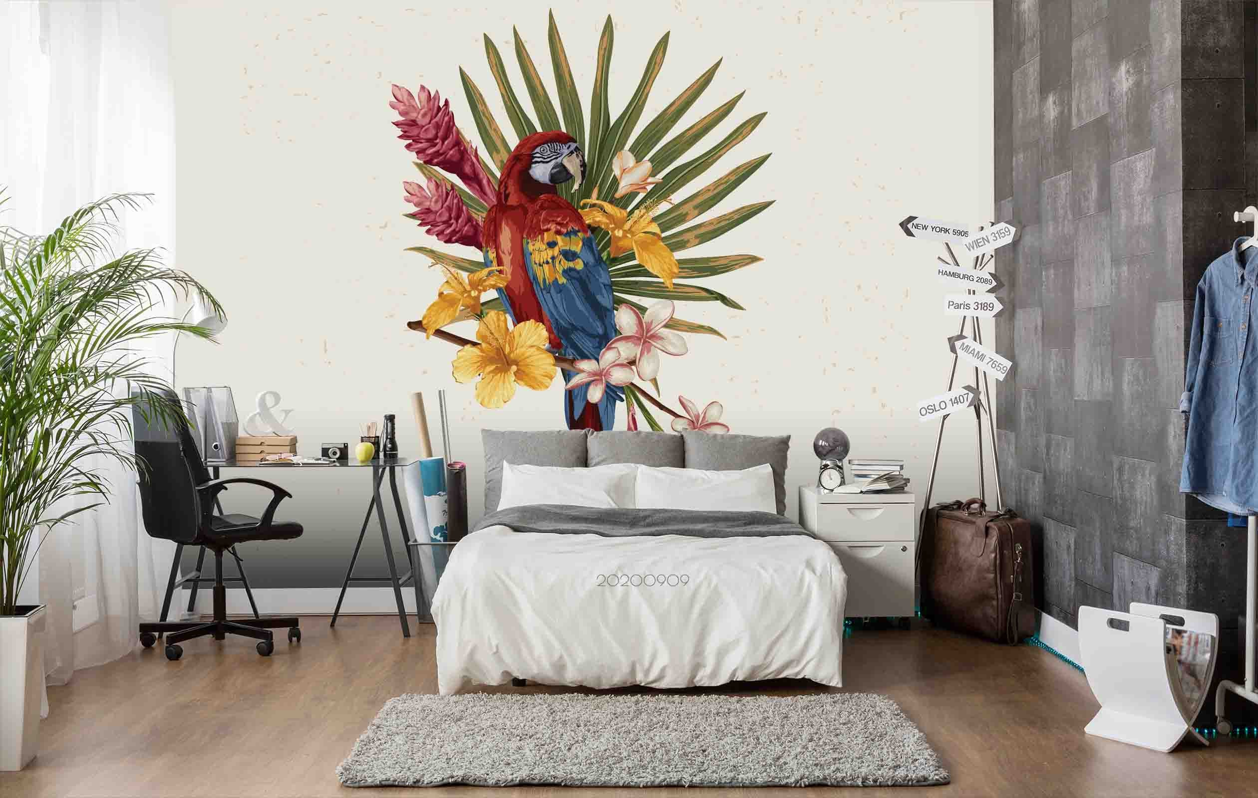 3D Hand Drawn Colorful Parrot Animal Floral Plant Pattern Wall Mural Wallpaper Lxl