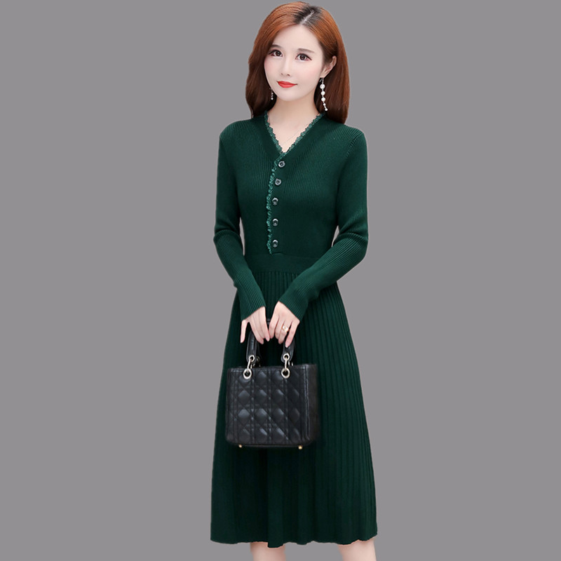 Vintage autumn winter sweater knit dress women casual long-sleeved buttons thick warm pleated dress ladies thin lace midi dress alx