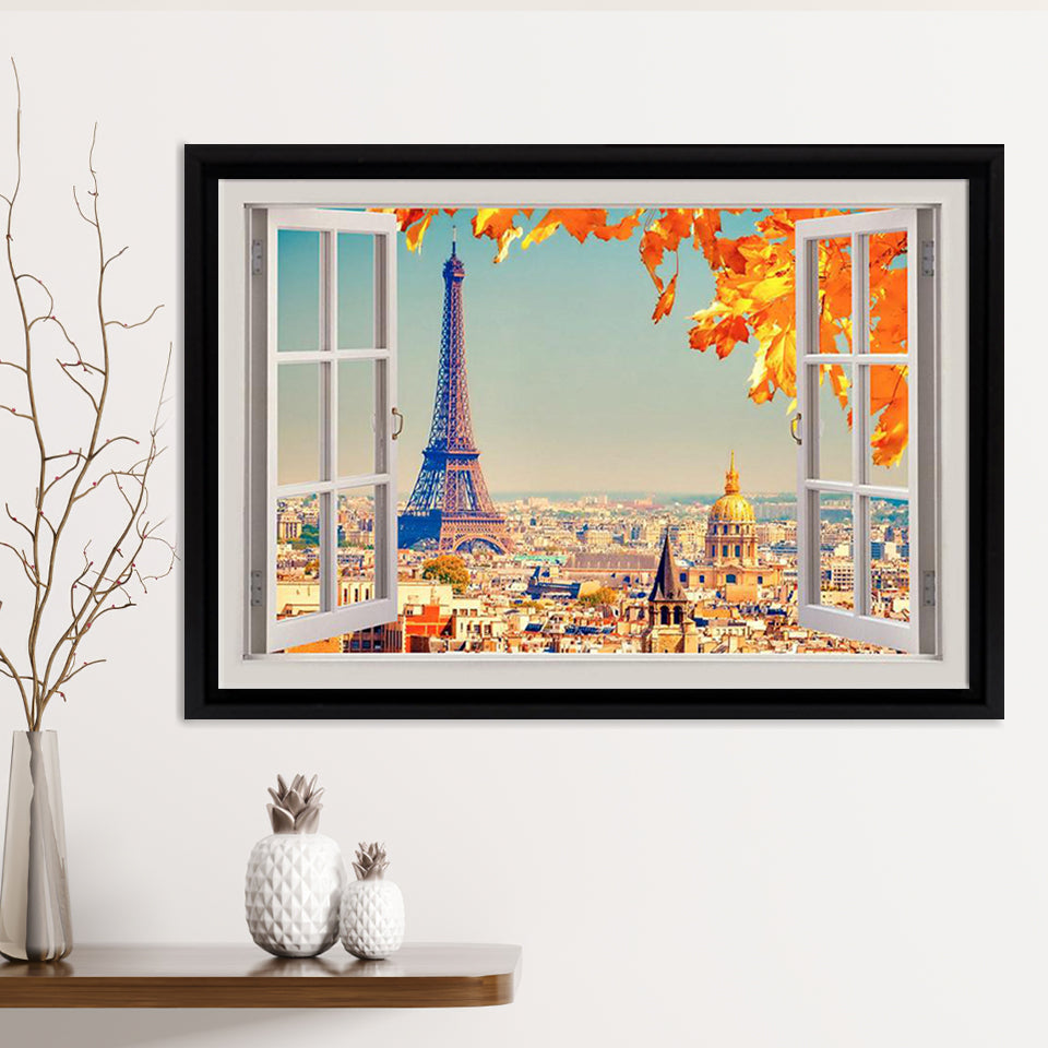 Paris Sunshine Eiffel Tower 3D Window Bay View Framed Canvas Print – Canvas Painting, Canvas Art, Wall Art, Wall Decor