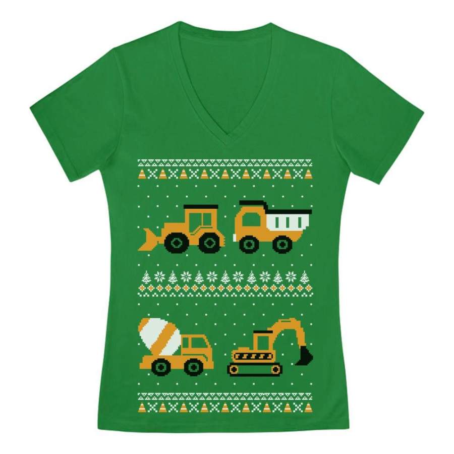 Tractors & Bulldozers Ugly Christmas Sweater V-Neck Fitted Women T-Shirt