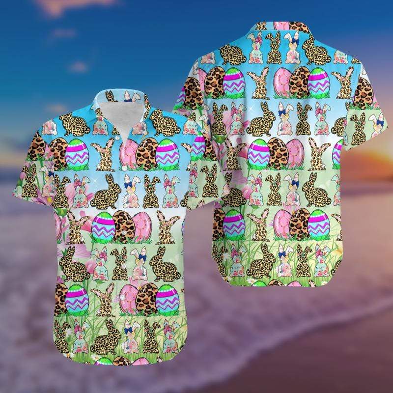 Bunny Leopard & eggs blue happy Easter day Hawaiian Aloha Shirts  #V