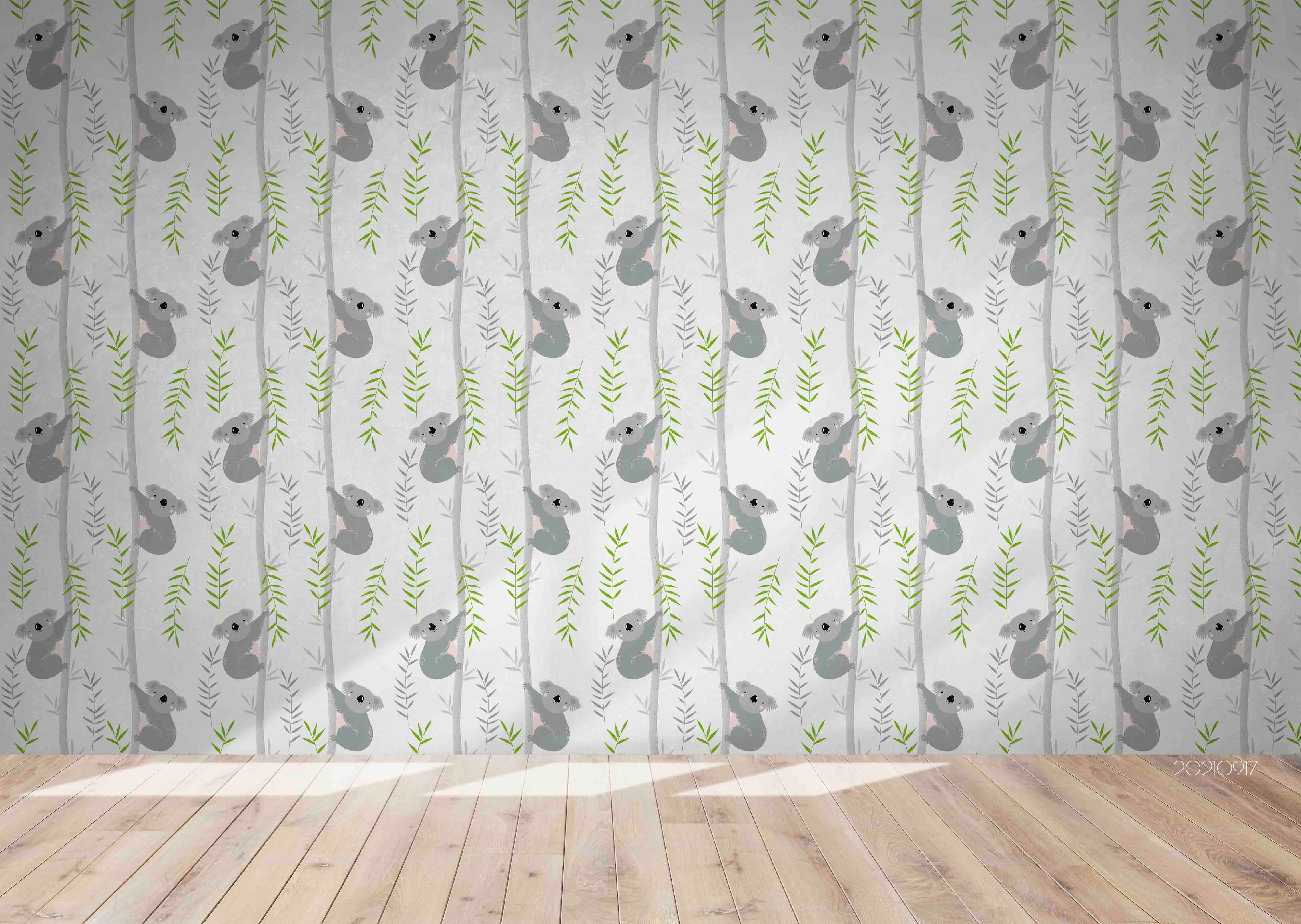 3D Cartoon Animal Koala Green Leaf Wall Mural Wallpaper Lqh 24