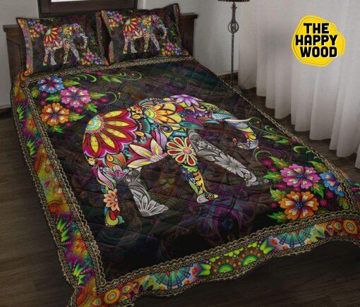 Elephant Flower Mandala Colorful Style Quilt Bed Set And Pillow Covers