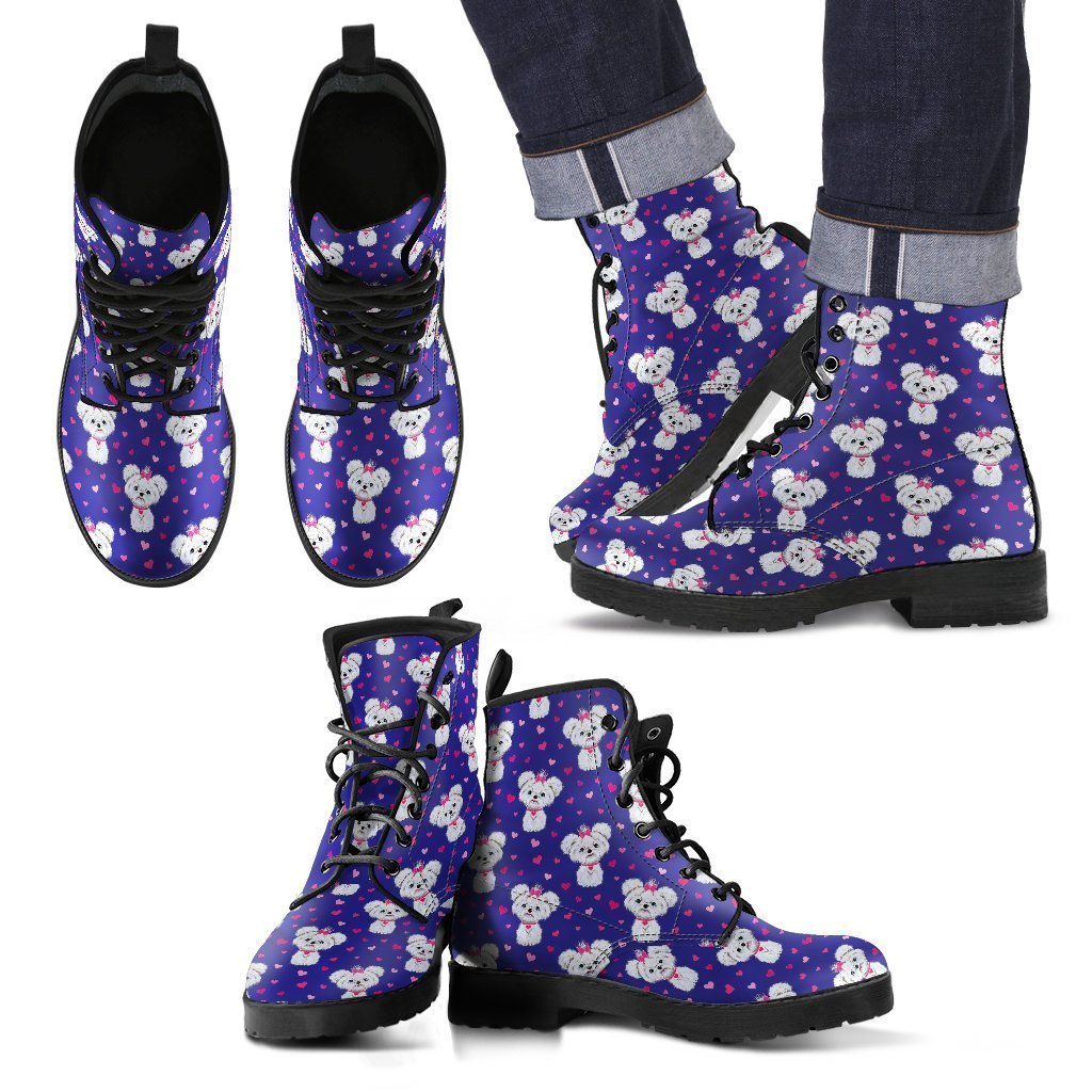 Puppy Dog Maltese Pattern Print Men Women Leather Boots Fashion Boots Custom Shoes