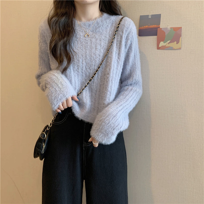 2022 Autumn Winter New Korean Version Short Sexy Round Neck Long Sleeve Knitted Sweater Women alx