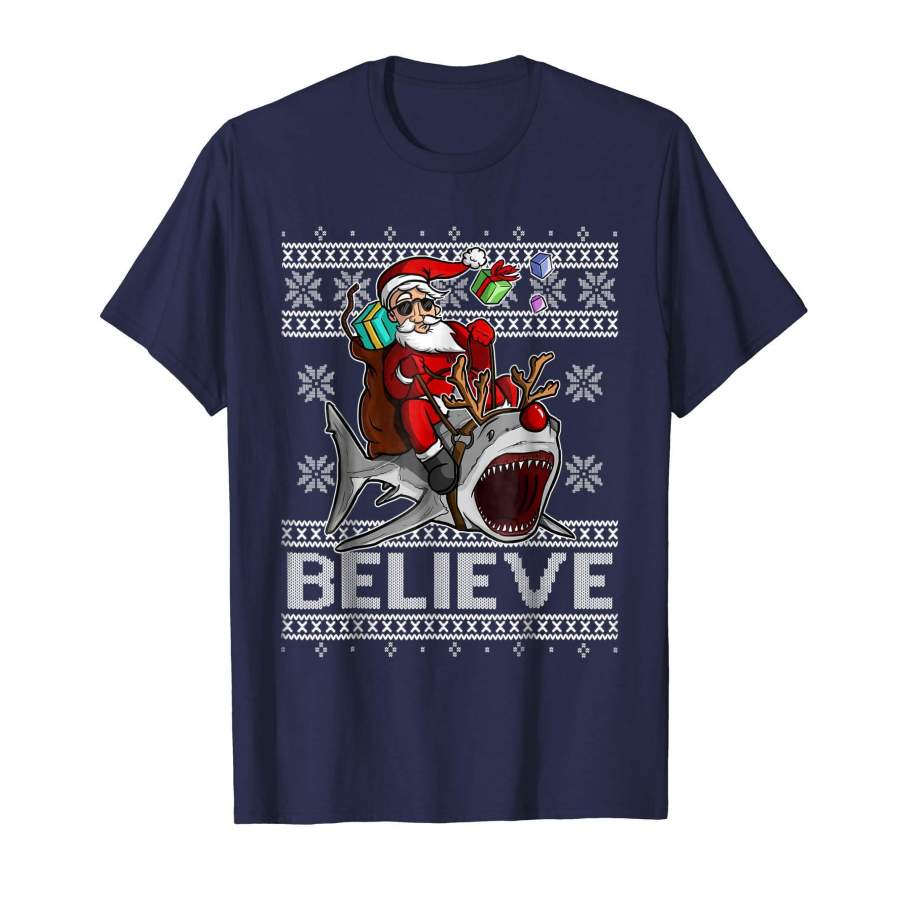 Believe in Santa Riding Shark T-Shirt Christmas Ugly Sweater