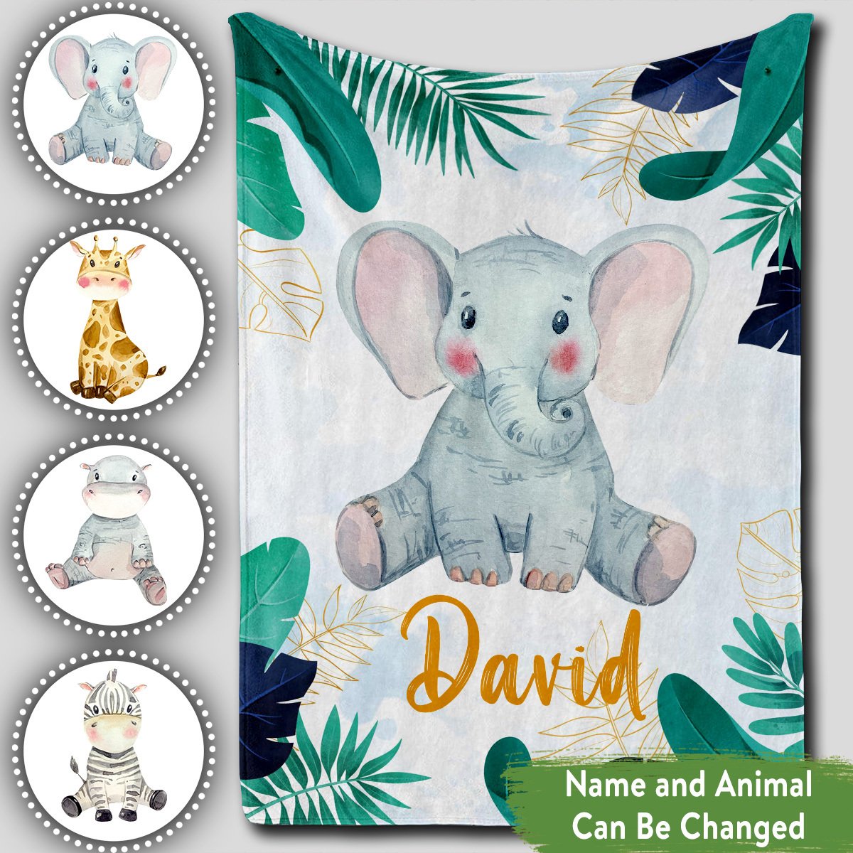 Personalized Baby Blankets With Name, Elephant, Giraffe, Hippo Baby Blanket Blue Color For Boy And Girl Baby