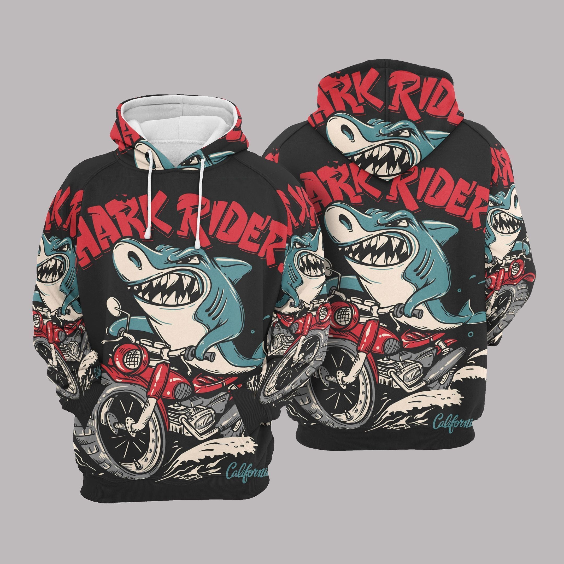 Shark Hoodie Shark Rider Motorcycle Cool Black Hoodie Shark Week Apparel Adult Unisex Full Print