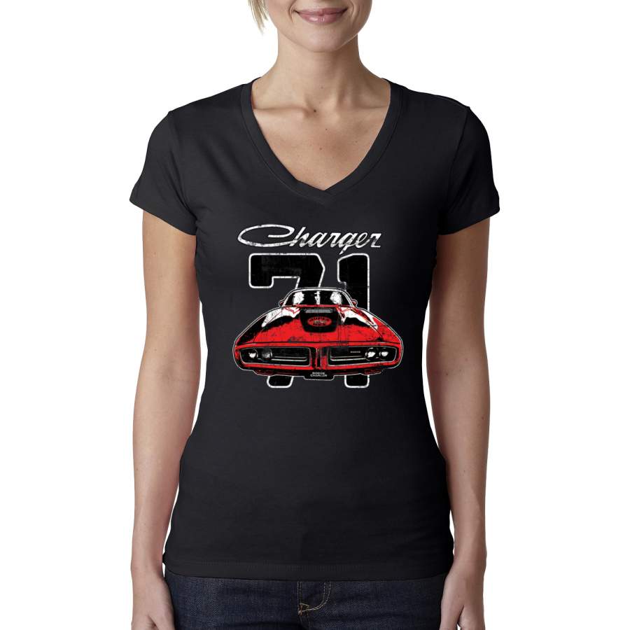 1971 Dodge Charger Super Bee Classic Vintage Racing Political Womens Junior Fit V-Neck Tee