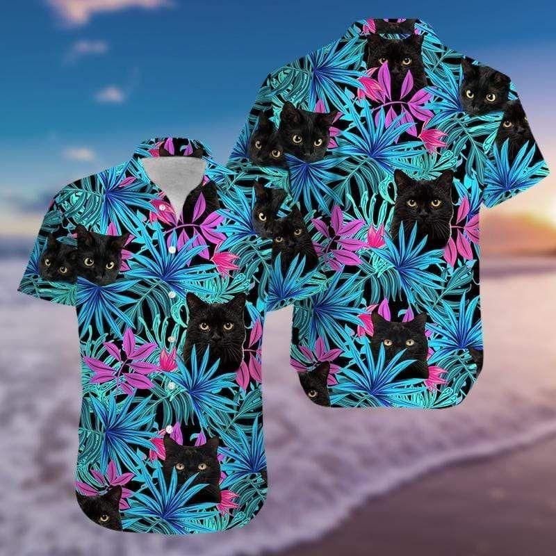 Tropical Black Cat Aloha Hawaiian Shirt Colorful Short Sleeve Summer Beach Casual Shirt For Men And Women