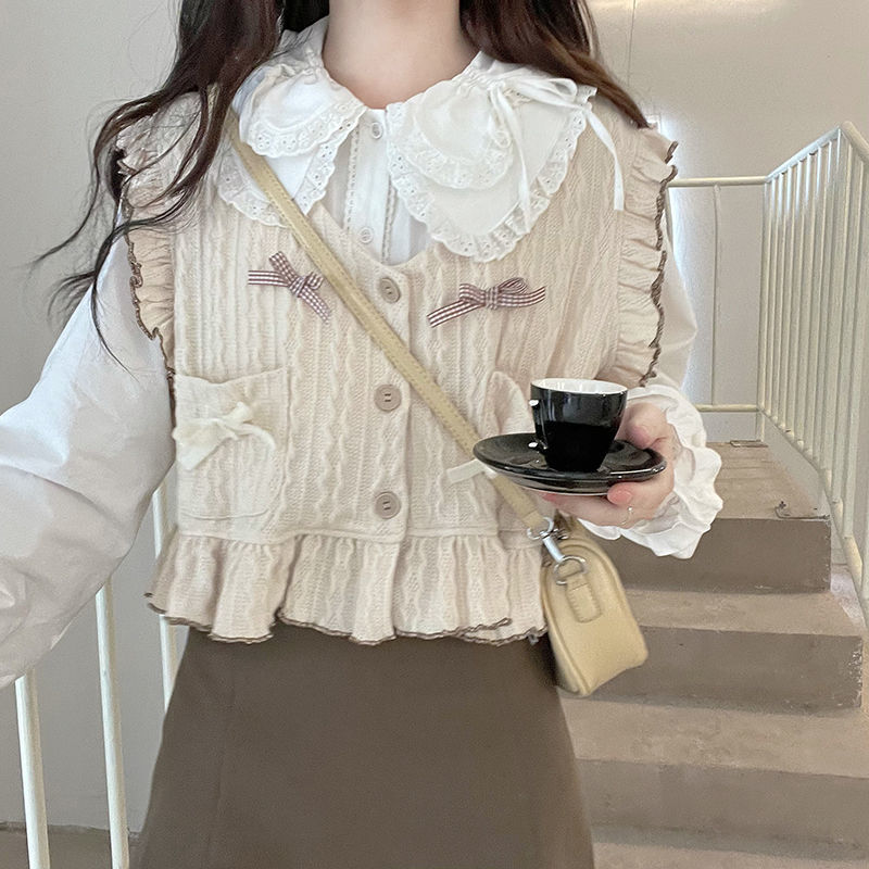 Autum Kawaii Knitted Sweater Vest Women Japanese Style Sweet Patchwork Pullover Vest Female Korean Fashion Bow Knitwear 2022 New alx