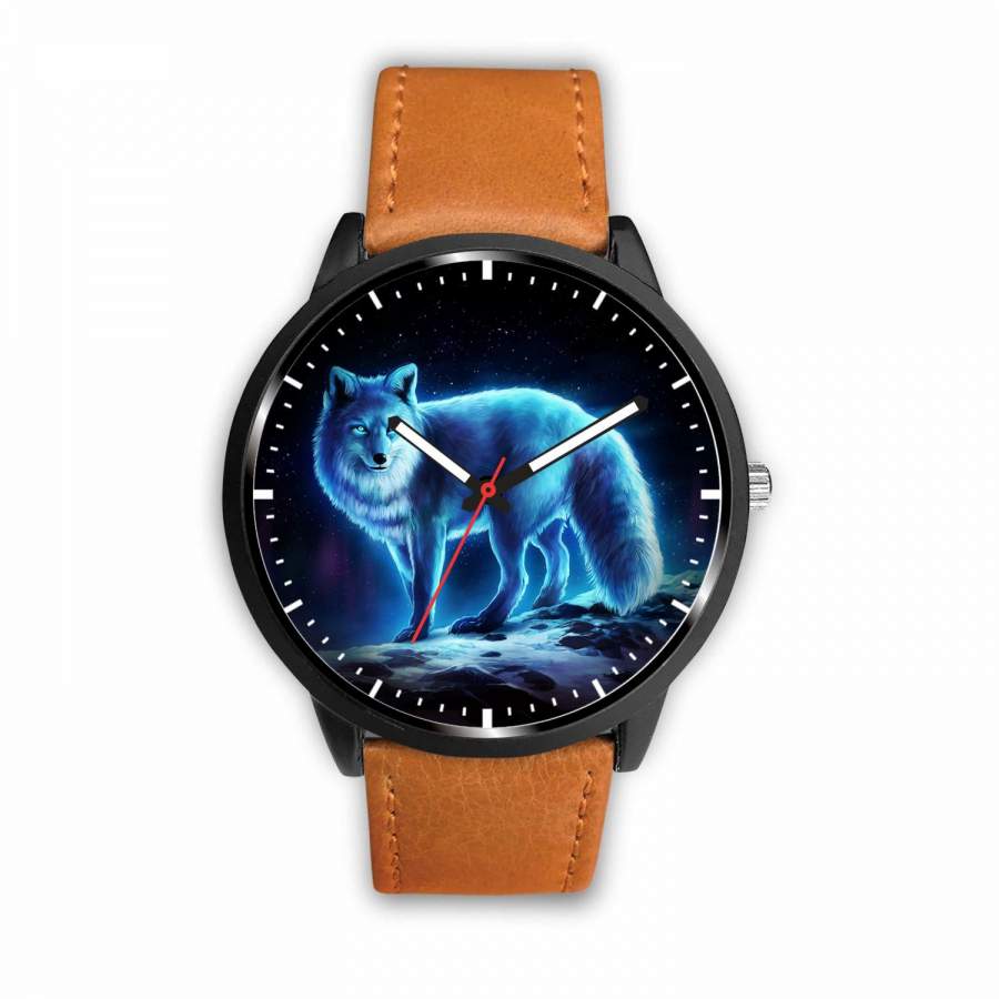 3D Blue Light Wolf Watch – Stainless steel back with leather/ stainless steel band 004