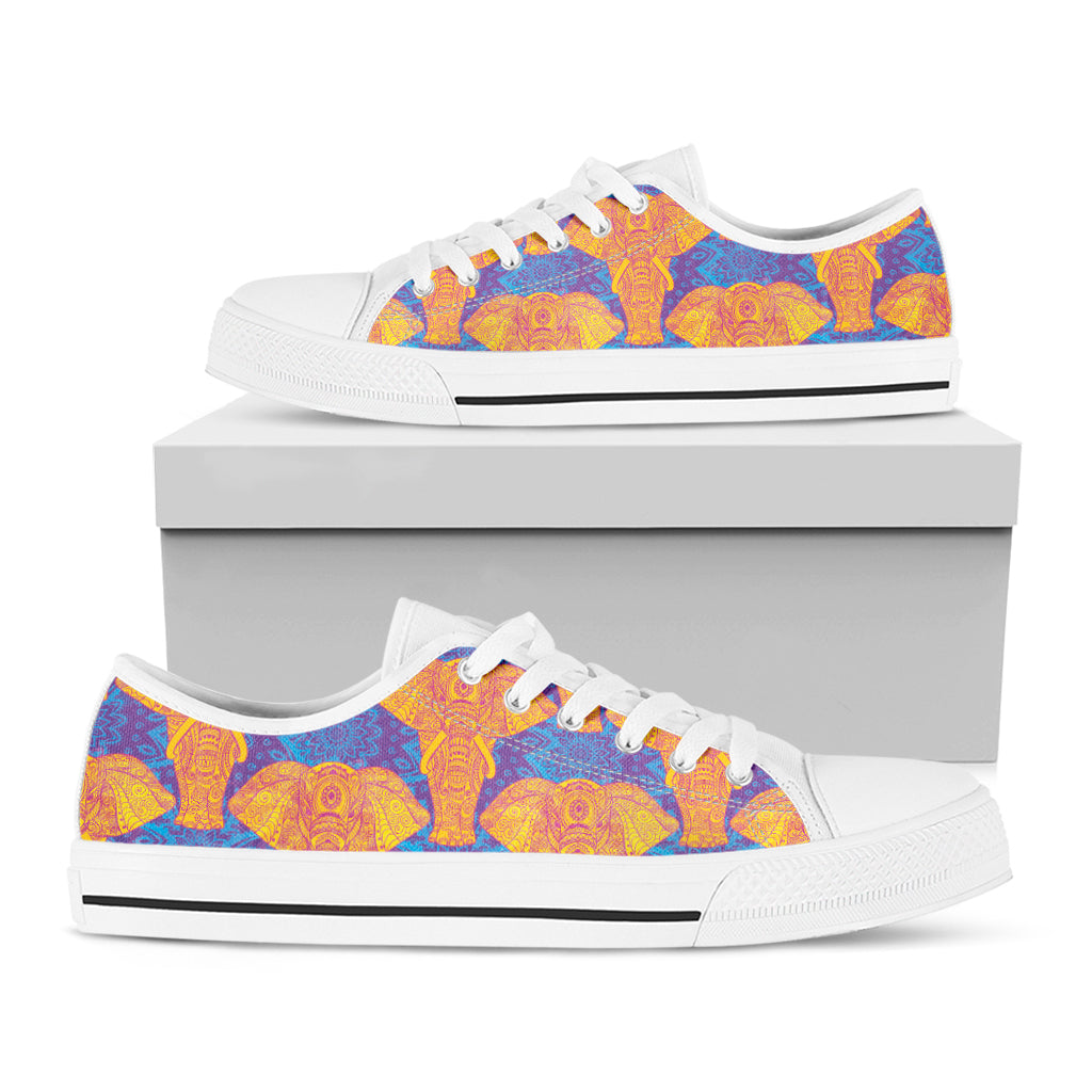 Yellow Mandala Elephant Pattern Print White Low Top Shoes