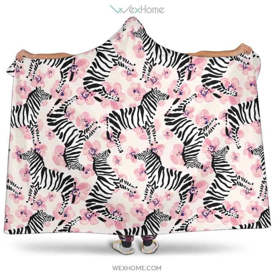 Zebra Pink Flower Background Hooded Blanket
