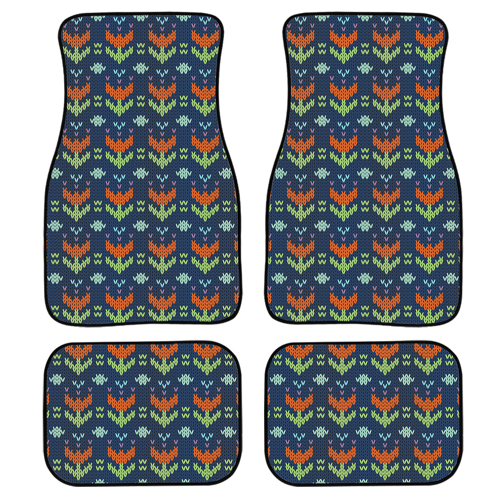 Flower Knitted Pattern Print Front And Back Car Floor Mats, Front Car Mat