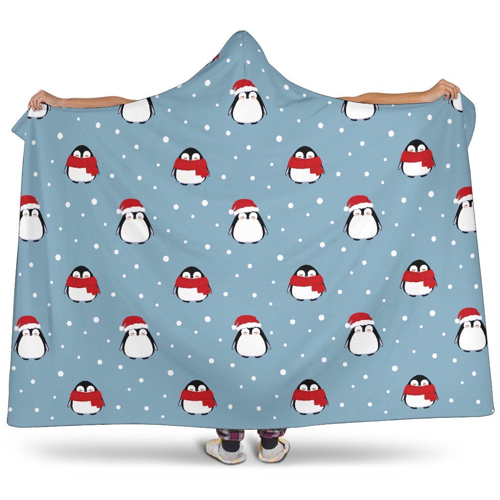 Cute Penguin Christmas Snow Pattern Hooded Blanket