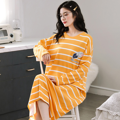 Striped Nightgown Women LeisureLong Sleeve Sleepwear Loose M-3XL Breathable Pregnant Comfort Loungewear Sweet Print Sleepshirt alx