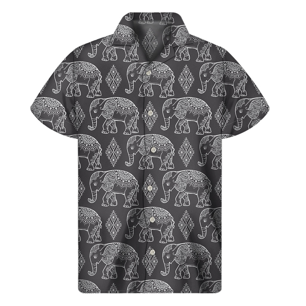 White And Grey Indian Elephant Print Men’S Short Sleeve Shirt