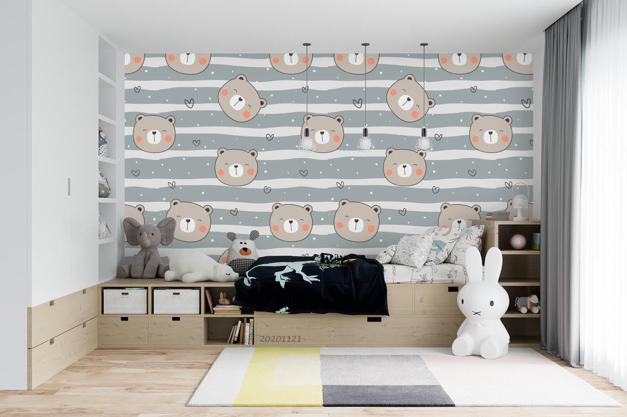 3D Cartoon Hand Drawn Bear Animal Pattern Grey Stripe Wall Mural Wallpaper Lxl