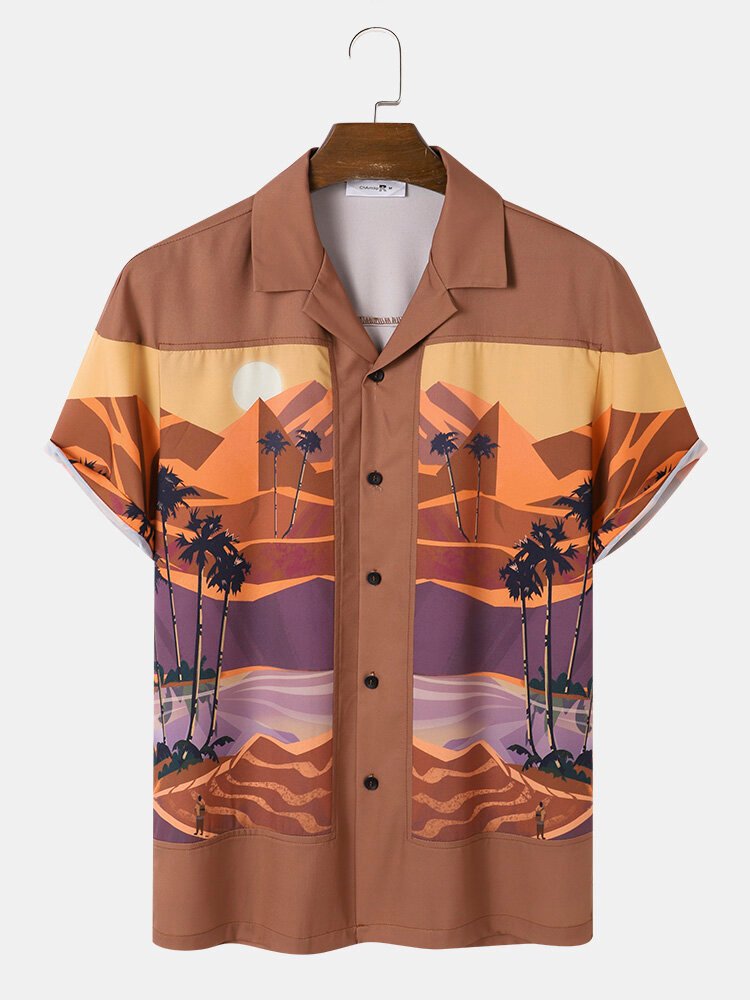 Mens Desert Landscape Print Revere Collar Holiday Short Sleeve Shirts