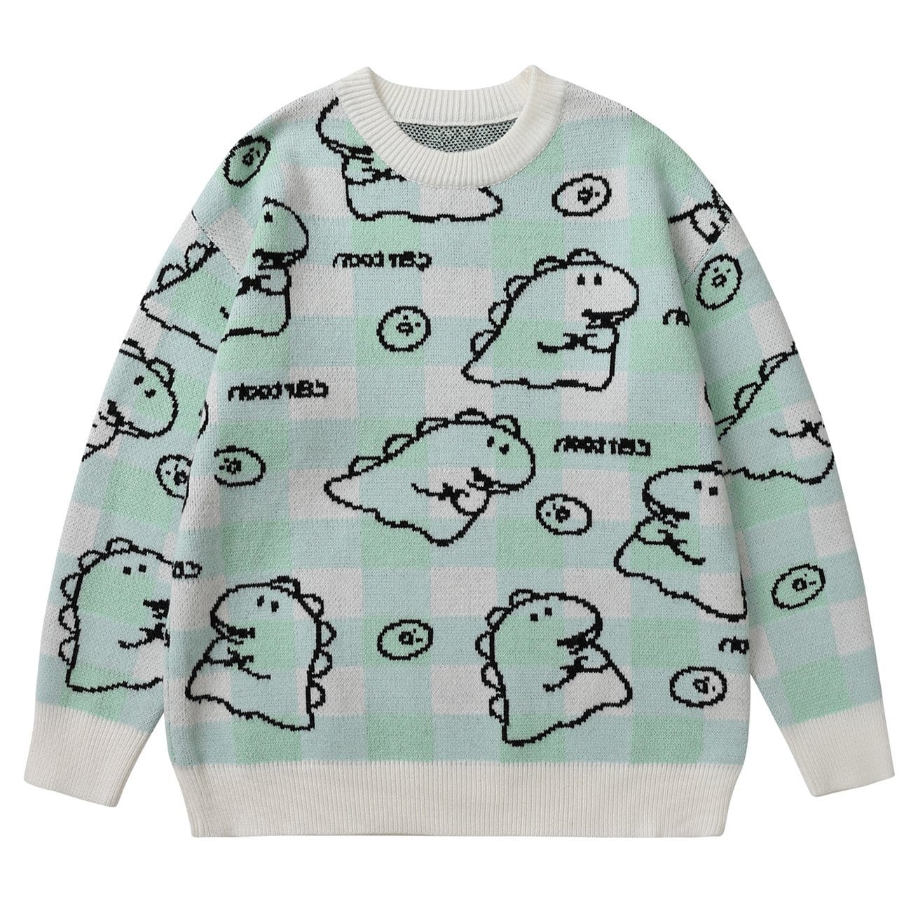 Plaid Cartoon Dinosaur Print Knitted Sweater