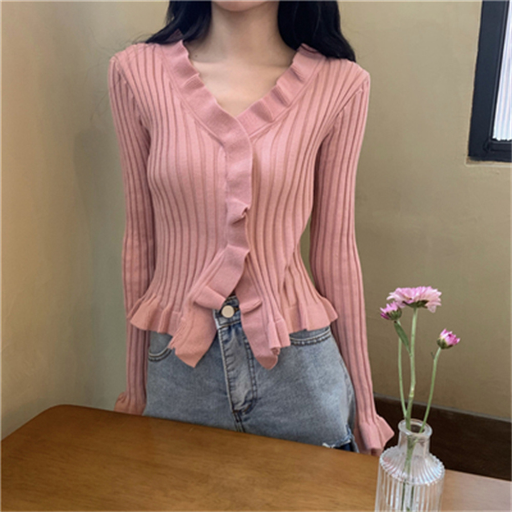 2021 Spring And Autumn Cardigan Jacket Female Wood Ear Short Long-Sleeved Thin Knit Sweater Temperament Top H1160 alx