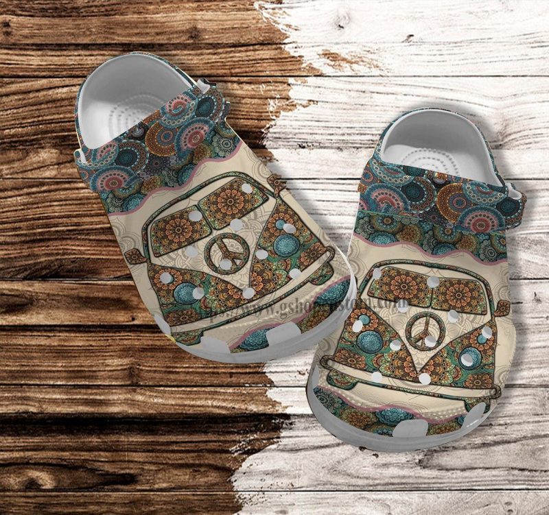 Boho Peace Bus Croc Shoes Gift Grandma- Hippie Bus Boho Vintage Shoes Croc Clogs Mother Day Gift