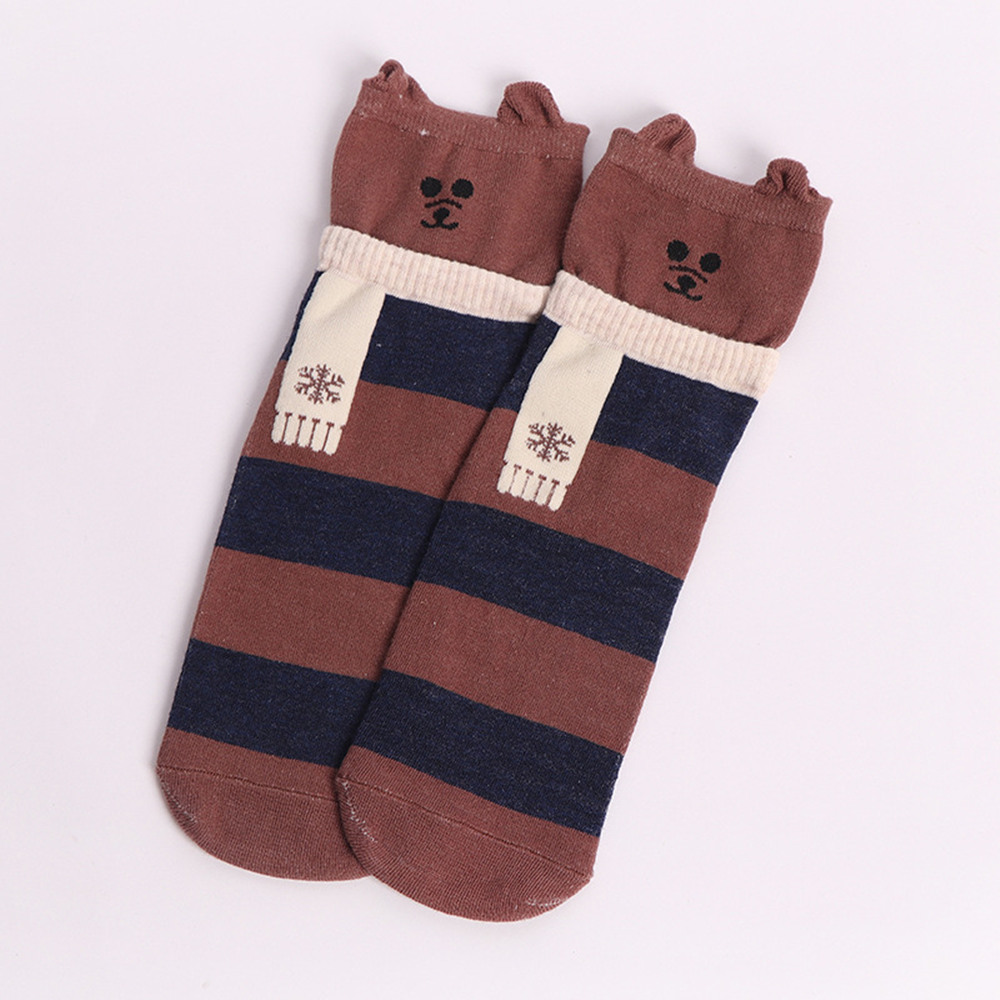 New Women Kawaii 3D Cartoon Animal Striped Socks Wearing A Scarf With Cute Small Ears Cat Bear Penguin Corgi Dog Kitten Sokken alx