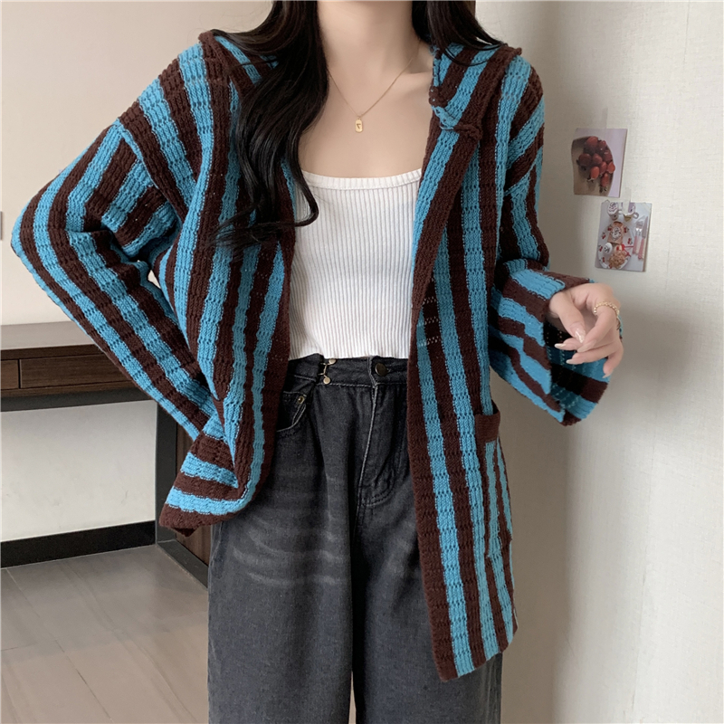 Autumn Winter V Neck Knit Sweater Woman loose Stripe Hooded Cardigans Vintage Long Sleeve soft blue Top Female Casual Knit Coats alx