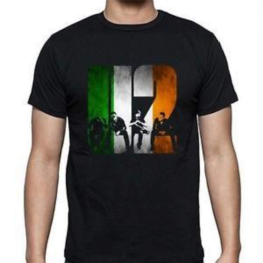 U2 Logo in Irish Flag Base Men’s Black T-Shirt Size S to S-4XL