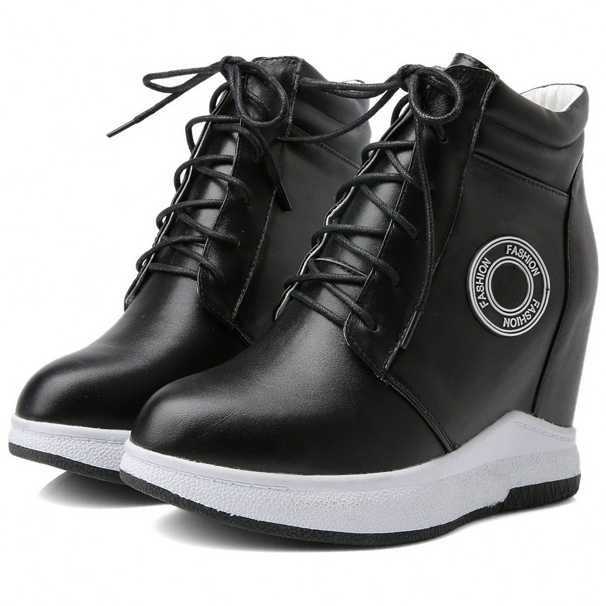 Plus Size Pumps Women Lace Up Cow Leather Wedges High Heel Ankle Boots Female High Top Round Toe Fashion Sneakers Casual Shoes