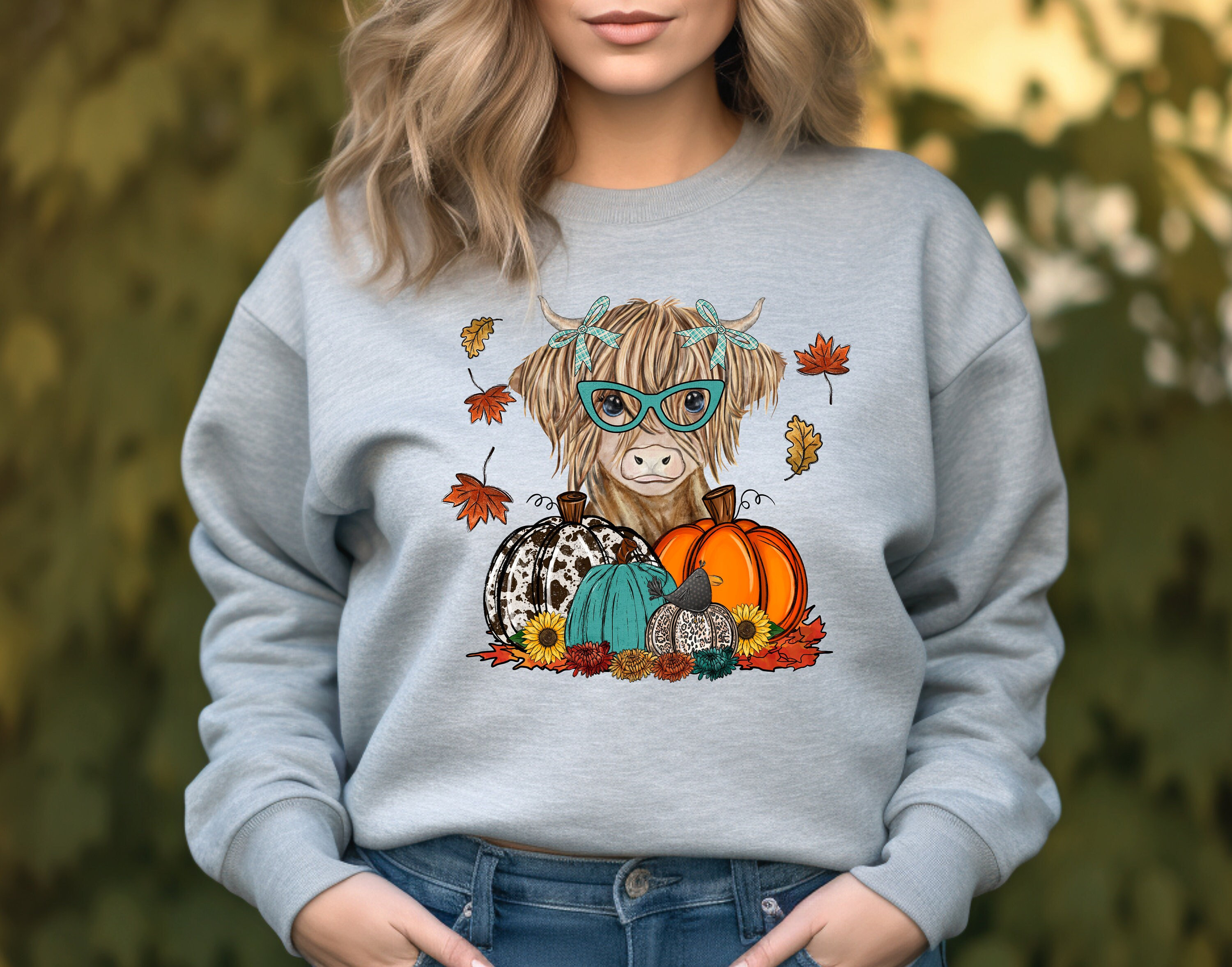 Long Haired Cow Sweatshirt, Fall Sweatshirt, Highland Cow, Cow, Leaves, Western, Autumn, Pumpkins, Retro, Leaves, Sunflowers, Cowhide Shirtdays