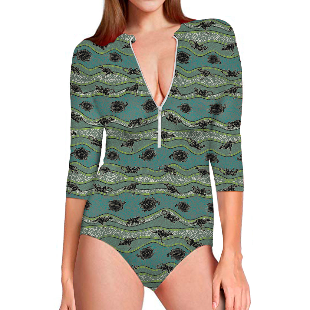 Aboriginal Animals Pattern Print Long Sleeve One Piece Swimsuit