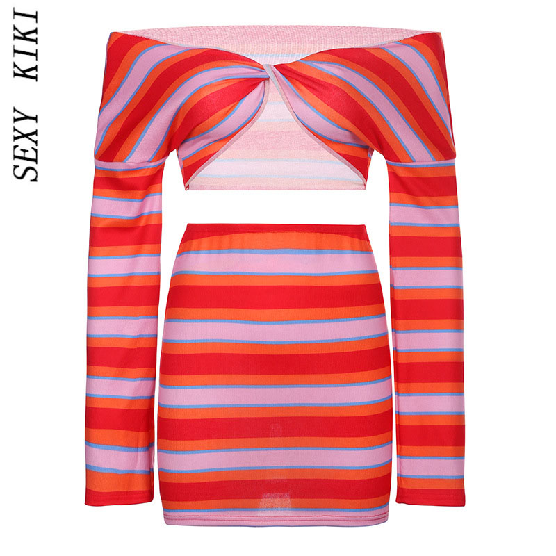 2022 striped color contrast printed skirt suit y2k women’s high waist skirt two-piece suit alx