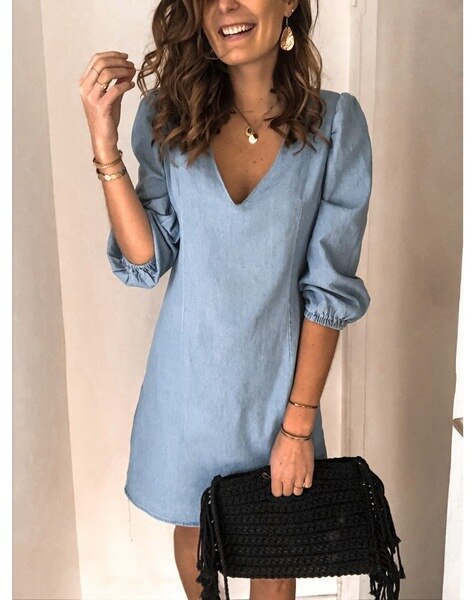 2022 Autumn Fashion Women’s Dress Cotton Linen Puff Long Sleeve V-neck Dresses Female Summer Elegant Loose Casual Clothes Ladies alx