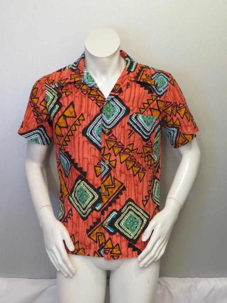 Vintage Hawa En Aloha Petit Des Hommes Chemise Motif Abstrait Barkcloth Shirt