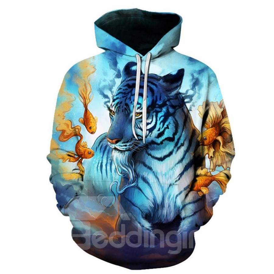 Fashion 3D Print Men’s Pullover Hoodies with Tiger and Koi Fish Design