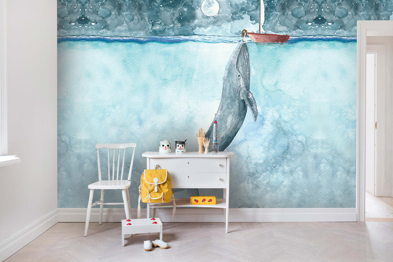 3D Blue Watercolor Whale Wall Mural Wallpaper 38