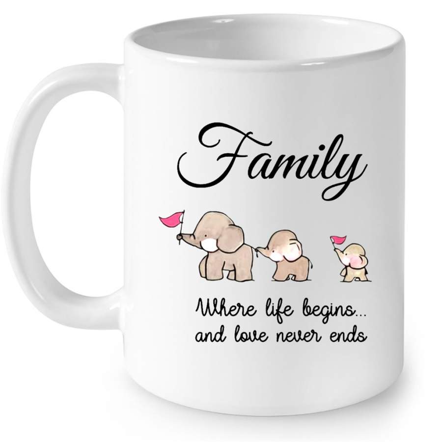 Family Where Life Begins And Love Never Ends, Elephant Lover Funny W – Full-Wrap Coffee White Mug