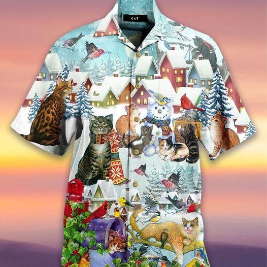 Buy Cat And Bird Merry Christmas Hawaii Aloha Shirts Ha46711