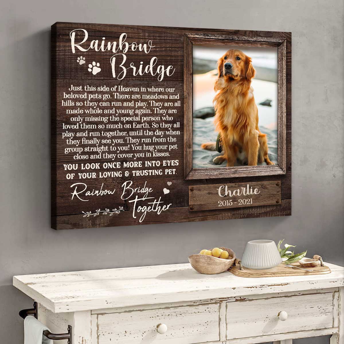 Rainbow Bridge Poem For Pets Picture Frame, Personalized Dog Memorial Gifts With Picture Canvas, In Memory Of Pet Gifts